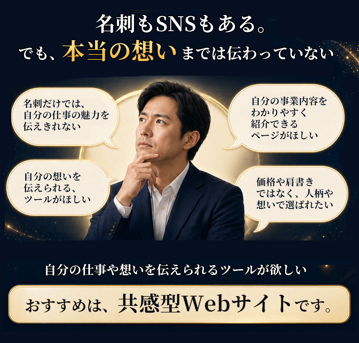 名刺やSNSだけでは仕事の魅力や本当の想いまで伝わりにくい人へ、想いや人柄で選ばれる入口として共感型Webサイトを提案するセクション。