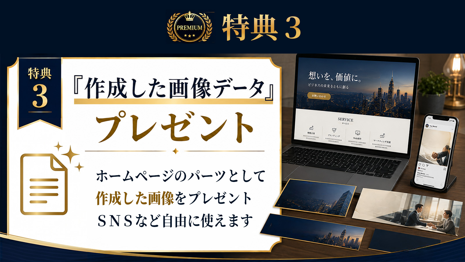 特典3。ホームページのパーツとして作成した画像データをプレゼント。SNSなどでも自由に使用できます。
